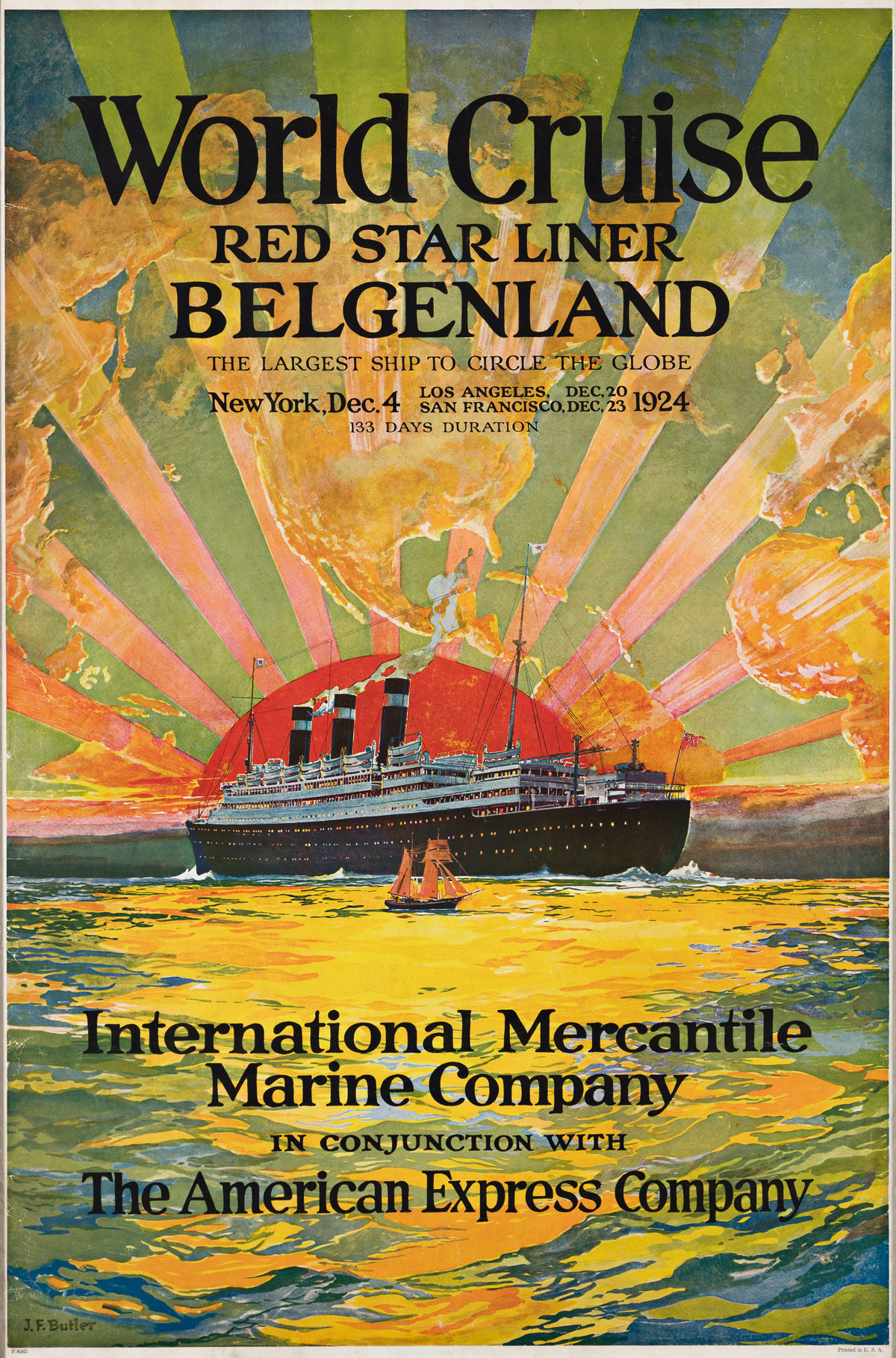 J.F. BUTLER (DATES UNKNOWN).  WORLD CRUISE / RED STAR LINER BELGENLAND. 1924. 42x27¾ inches, 106½x70½ cm.